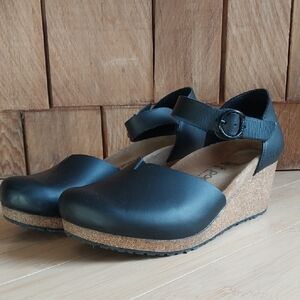Papillio Black Leather Mary Janes with Cork Wedge Heels, Size 41.